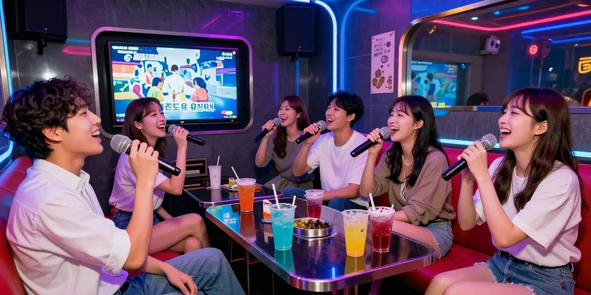 Friends enjoying 제주도유흥 in a lively karaoke room with vibrant lights and drinks.