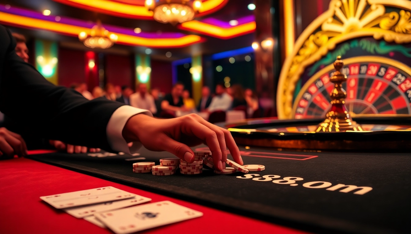 Players engaging in high-stakes poker at s8.com branded casino table under soft lighting.