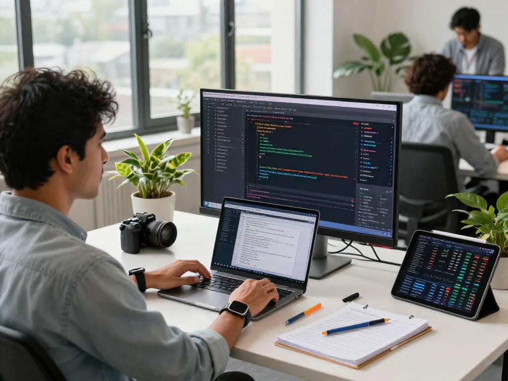 NSE exchange stock data feed displayed on a developer's monitor in a modern tech workspace setting.