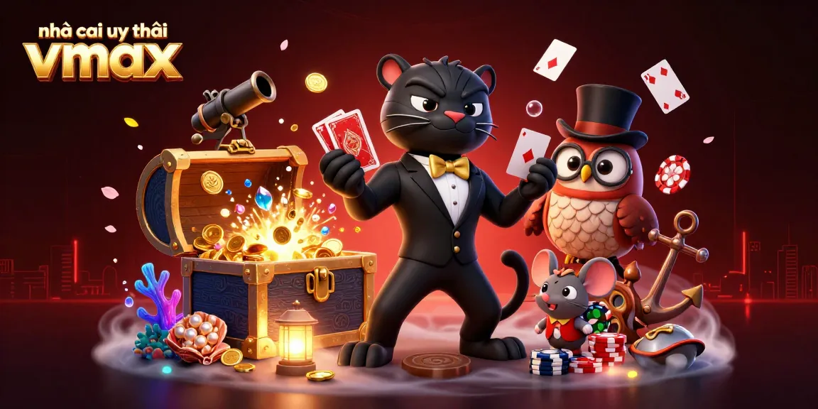 Engage with the thrilling world of nhà cái uy tín Vmax in this vibrant 3D illustration, showcasing dynamic casino elements and characters.