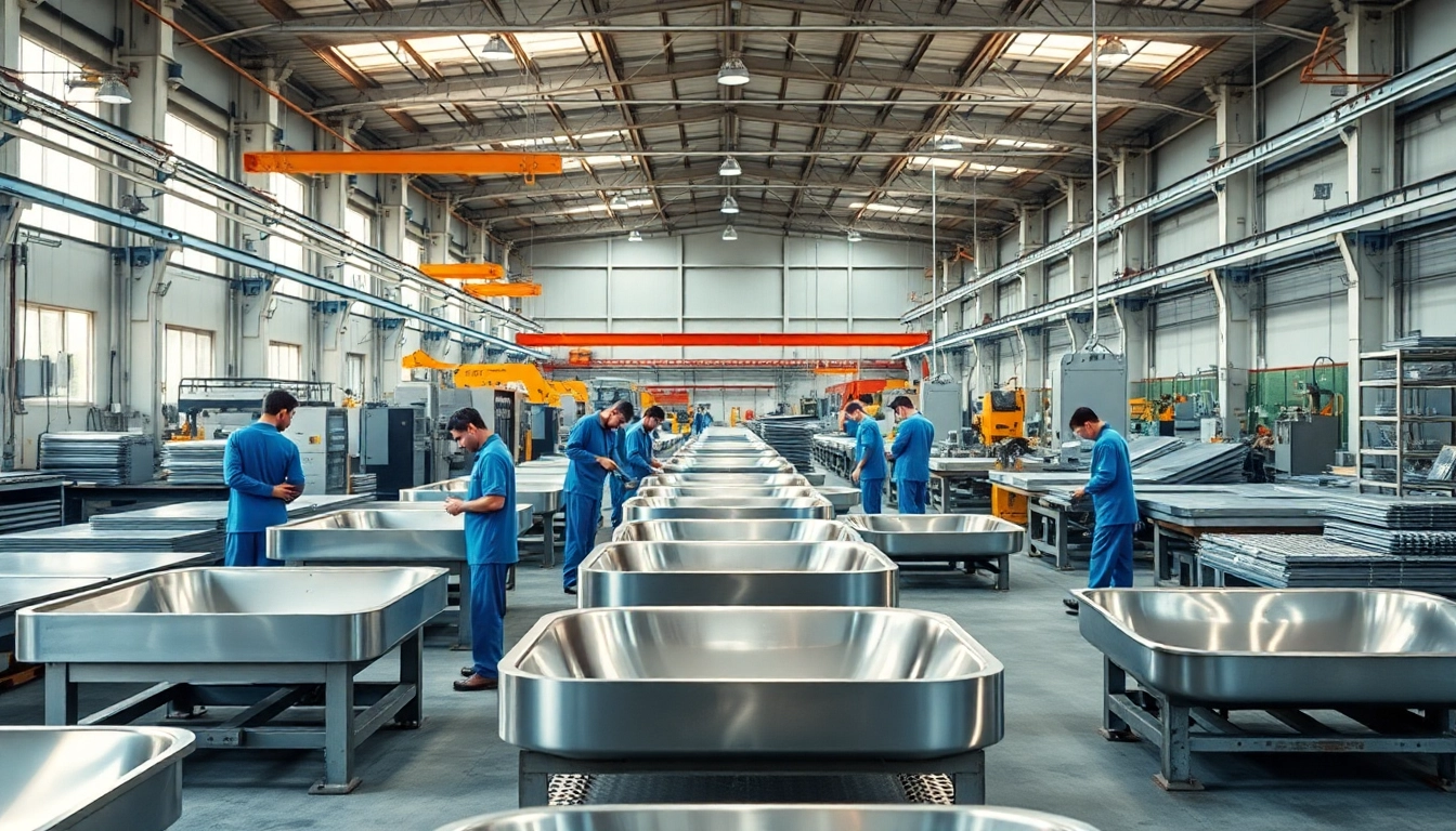 Workers crafting stainless steel basins in a modern factory setting.