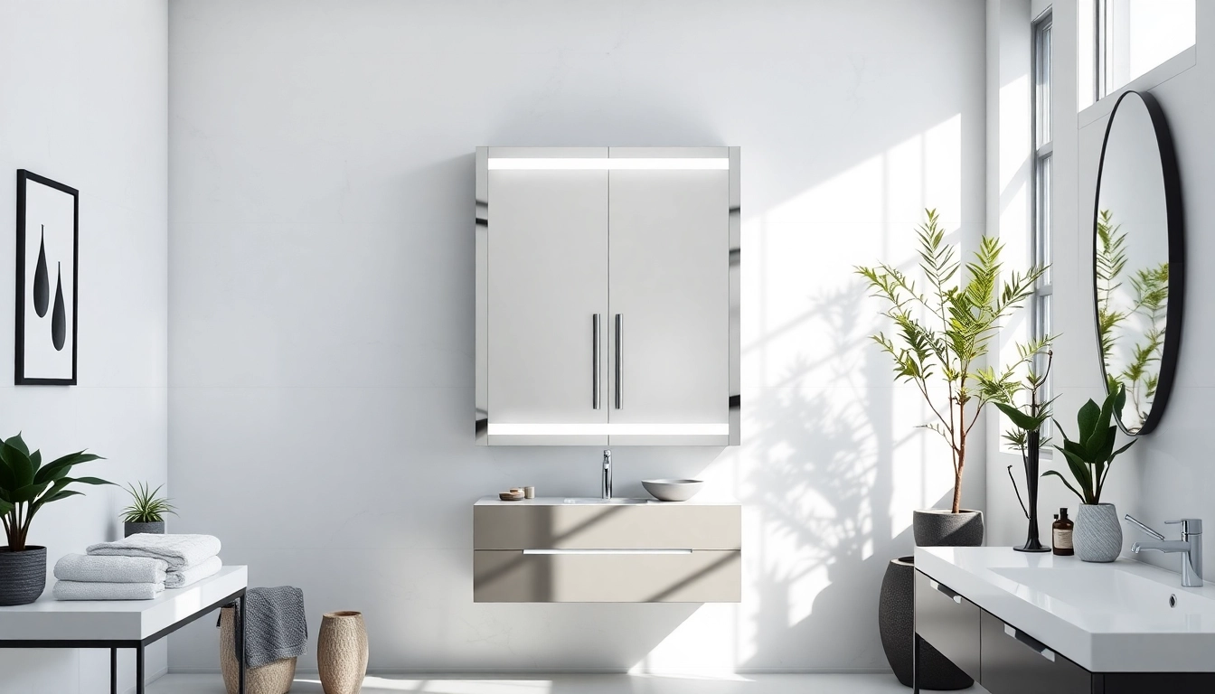 Showcasing a stylish bathroom cabinet with mirror and light in an elegant bathroom setup.