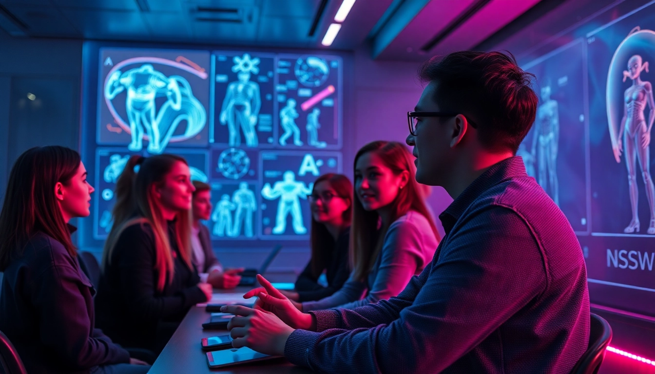 AI NSFW image generator in a high-tech workspace with interactive displays.