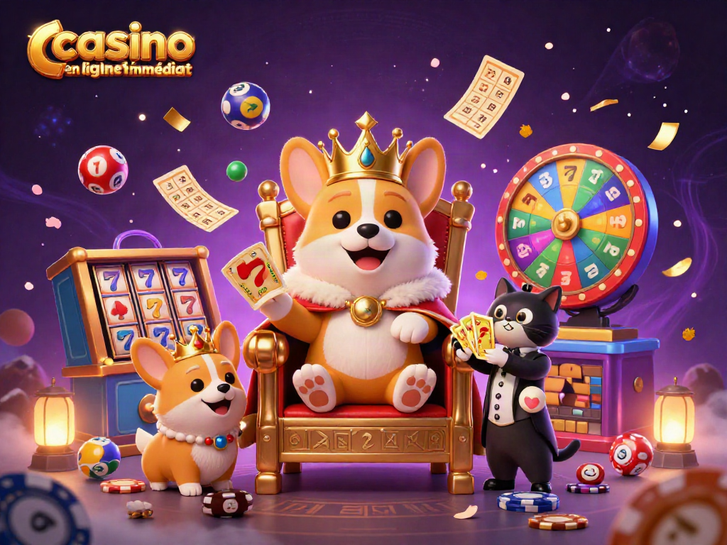 Casino en ligne retrait immédiat avec une illustration 3D dynamique et amusante des corgis et symboles de jeux.