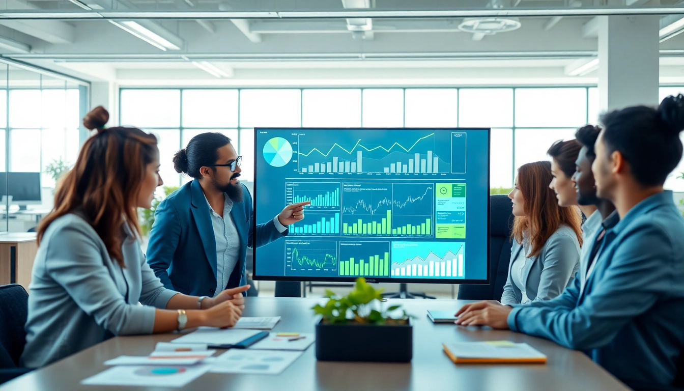 Illustration of diverse team collaborating on enterprise search solutions in a modern workspace.