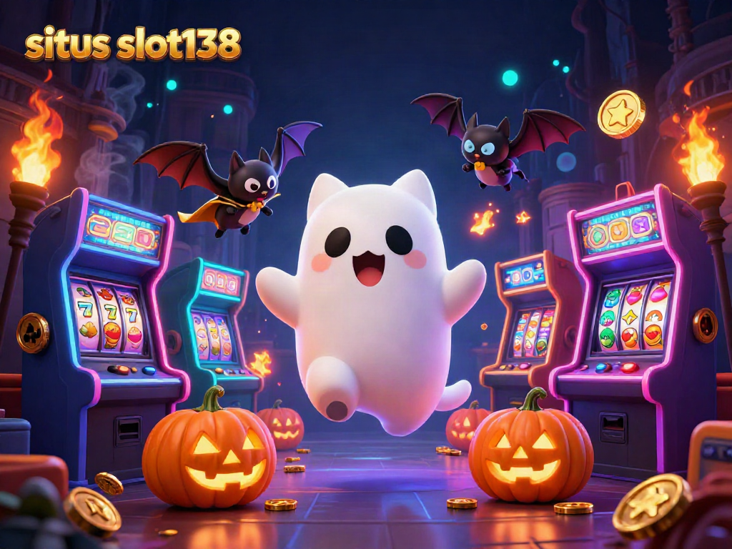 Spin the reels at situs slot138 with a ghost cat and bat in a haunted casino scene.