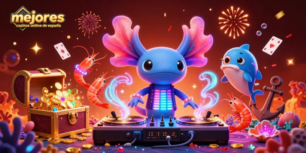 Disfruta de los mejores casinos online de España con un DJ axolotl animado y diversión submarina.