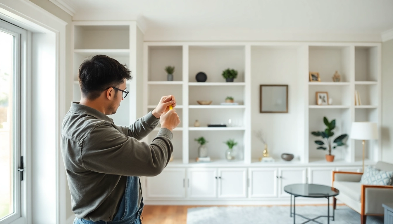 Built-in shelving contractor Westchester adjusting a custom-designed shelving unit in an elegant home.