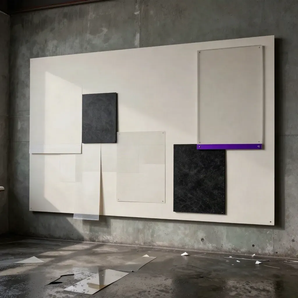 Warehouse identity wall of paper maquettes, acrylic and foam-core in moody rain light.