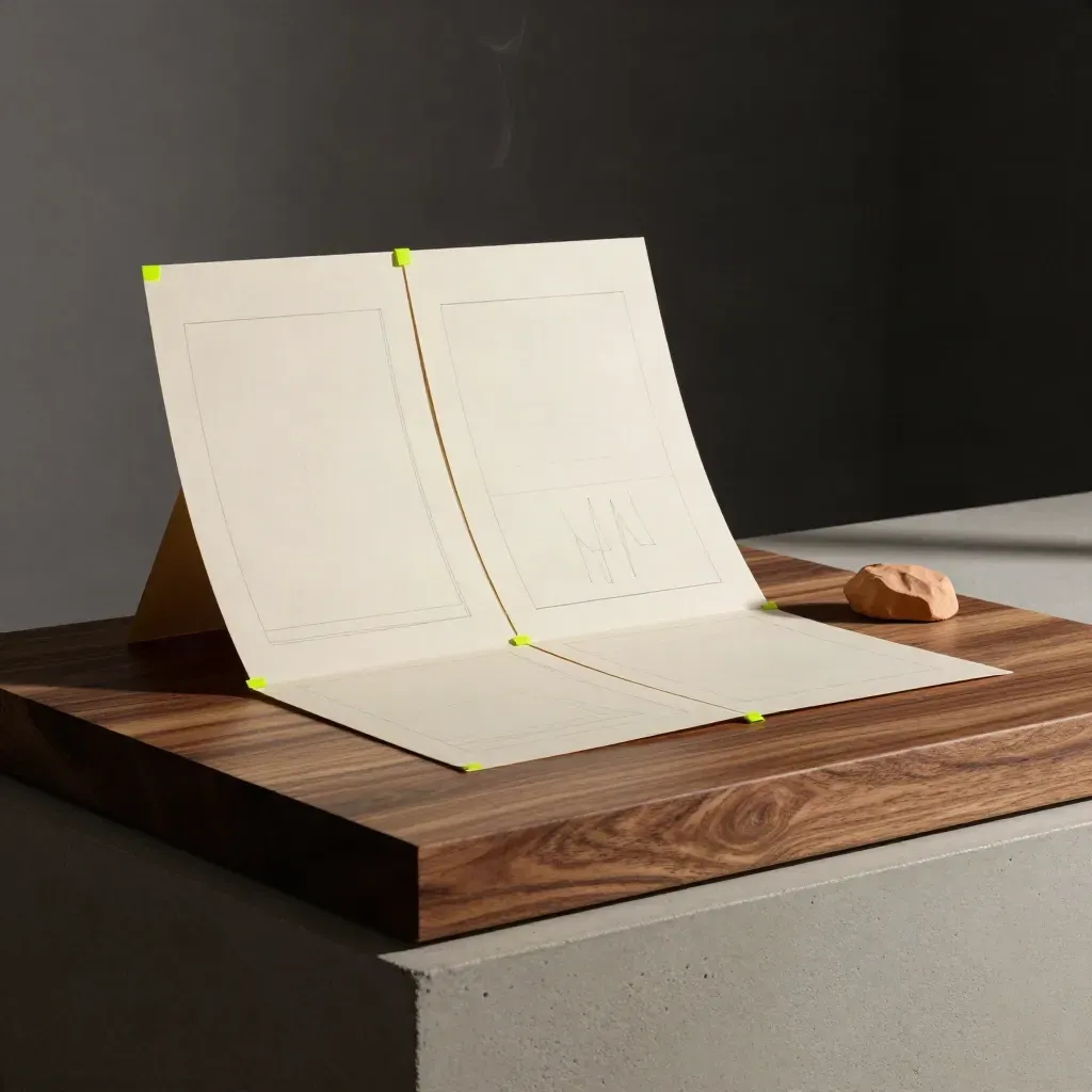 Storyboard frames, folded poster maquette, and clay set piece on a walnut plinth in moody studio light.