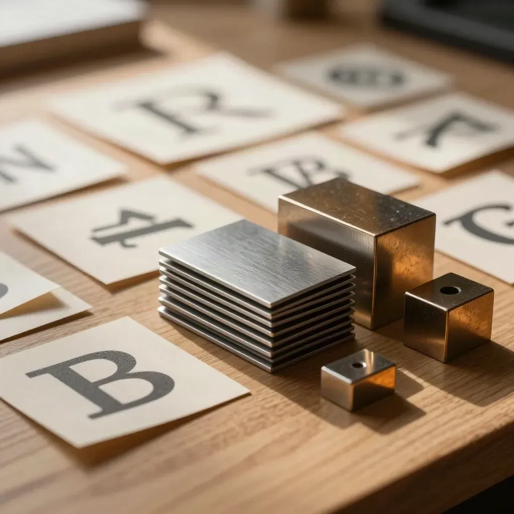 Die-cut logo maquettes stacked on a warm studio bench in late-afternoon light.