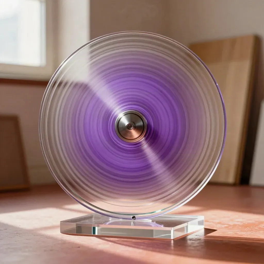 Kinetic light sculpture of clear disks and mirrored strips glowing in warm studio light