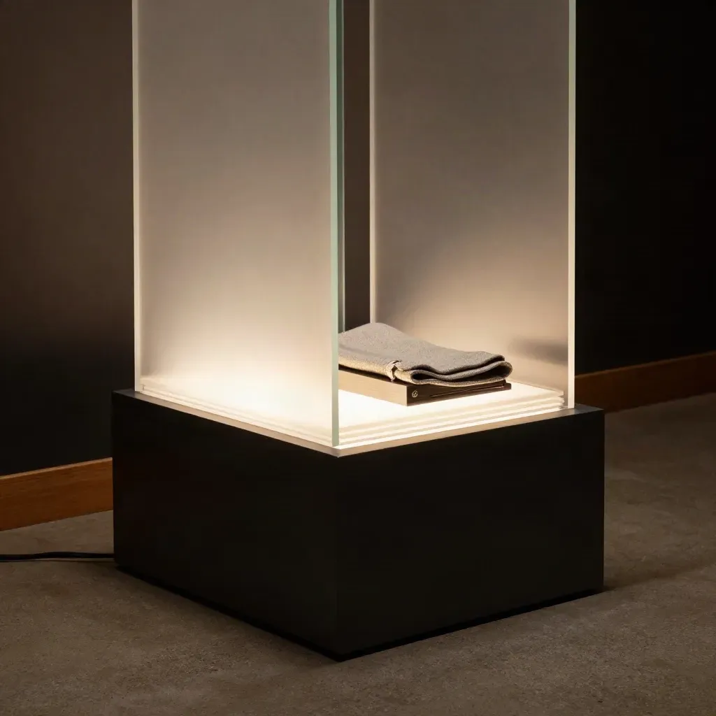 Matte black launch nook with frosted glass panels and glowing acrylic forms in a dark studio.