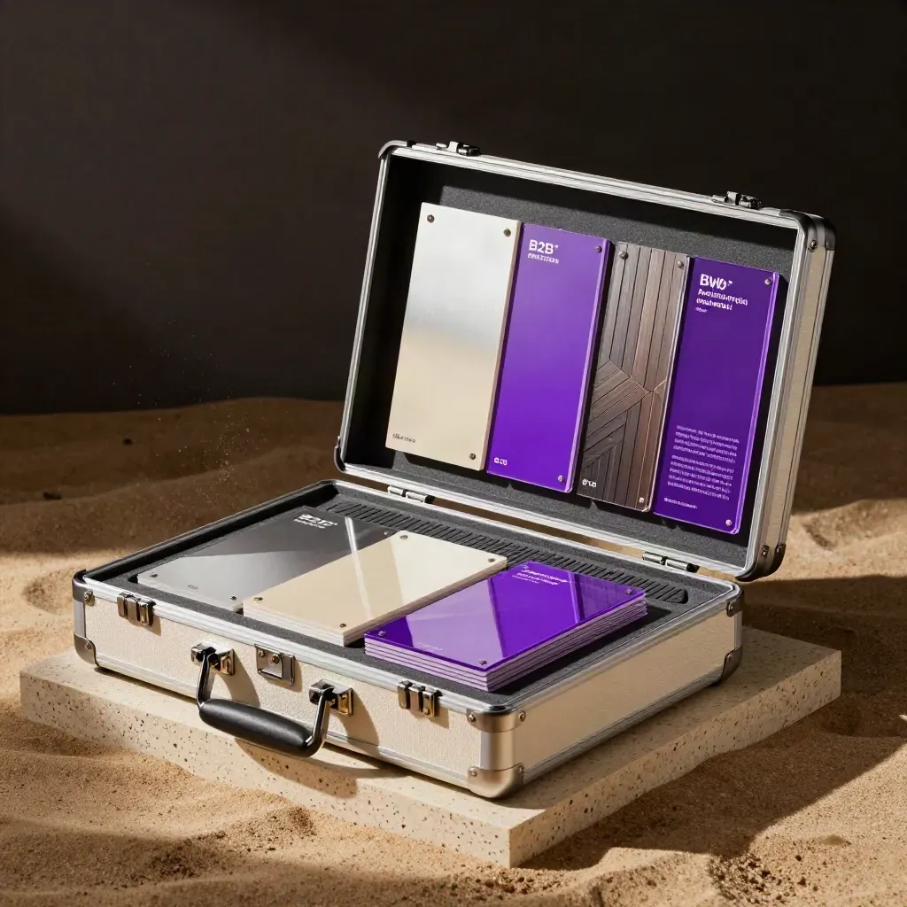 Open hard case with brand system swatches, deck cover, and modular samples on travertine.