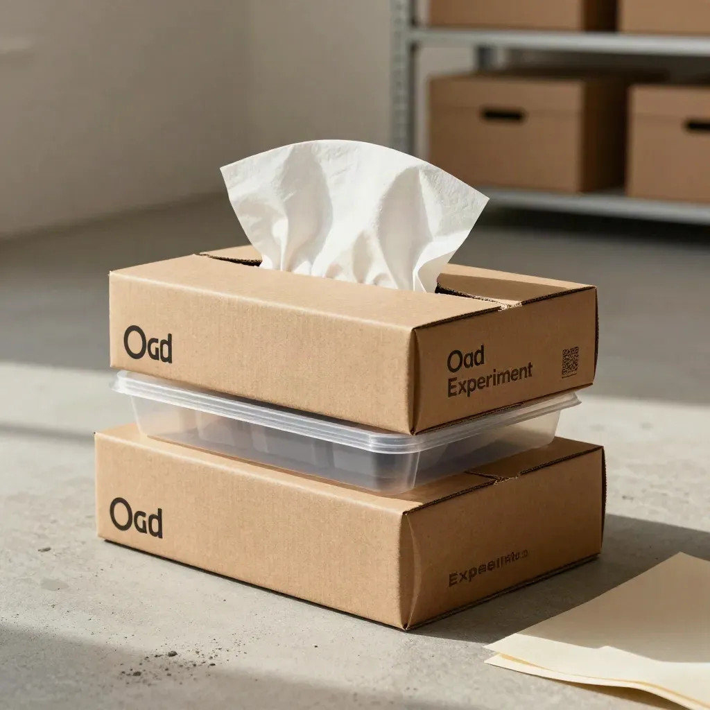 Packaging stack with tissue, sealed tray, and hero sample jar on a concrete floor.