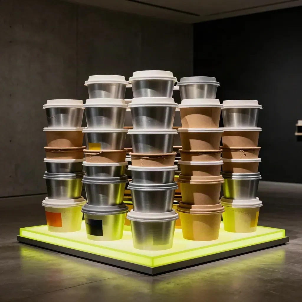 Stacked takeaway vessels and glowing panels in a moody launch installation for a food startup.