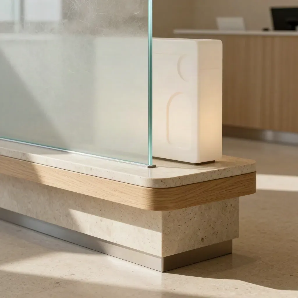 Macro of frosted glass, pale oak, stone, and an off-white wayfinding block in a calm clinic reception.