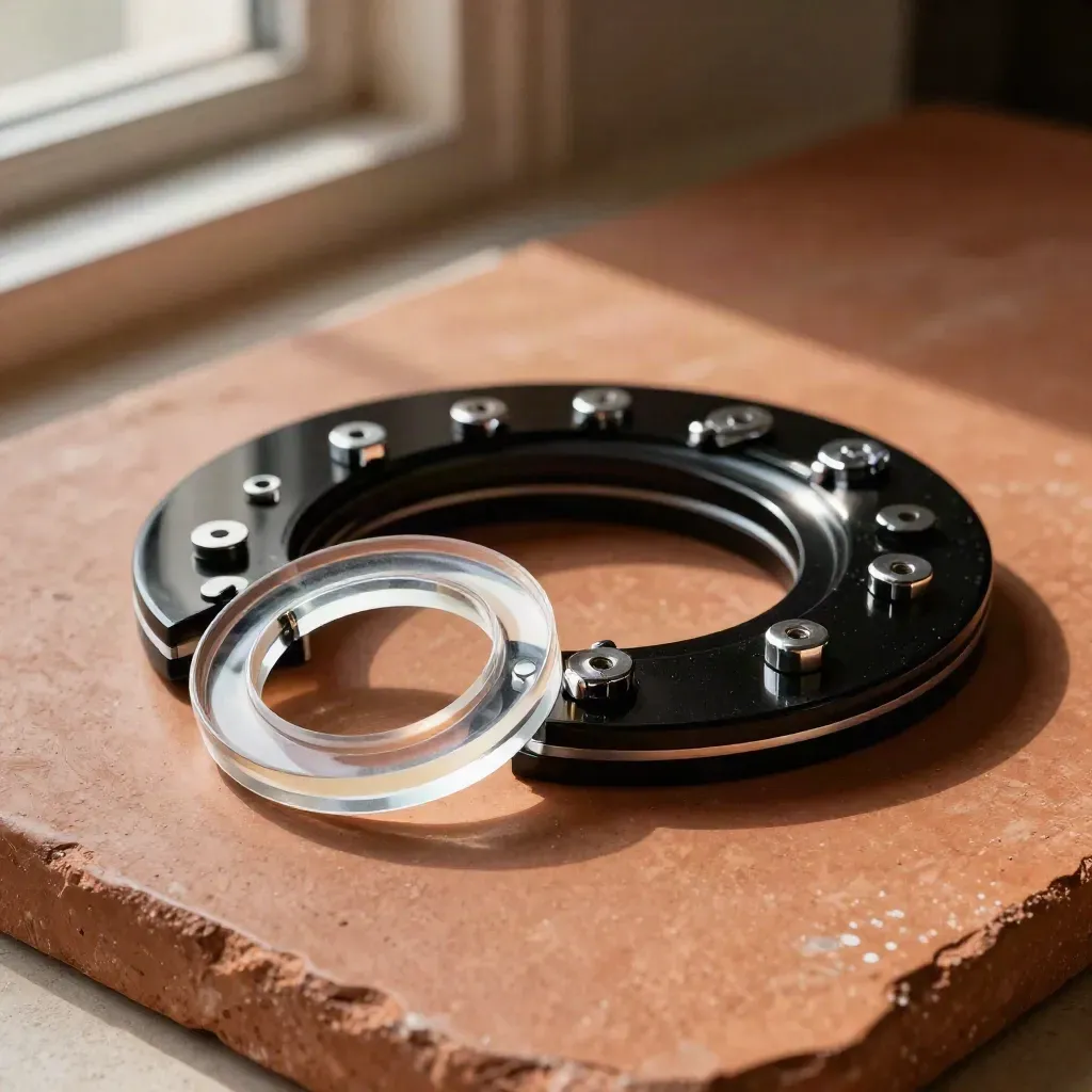 Glossy acrylic rings, chrome spacers and black discs in a cinematic food-editorial still life.