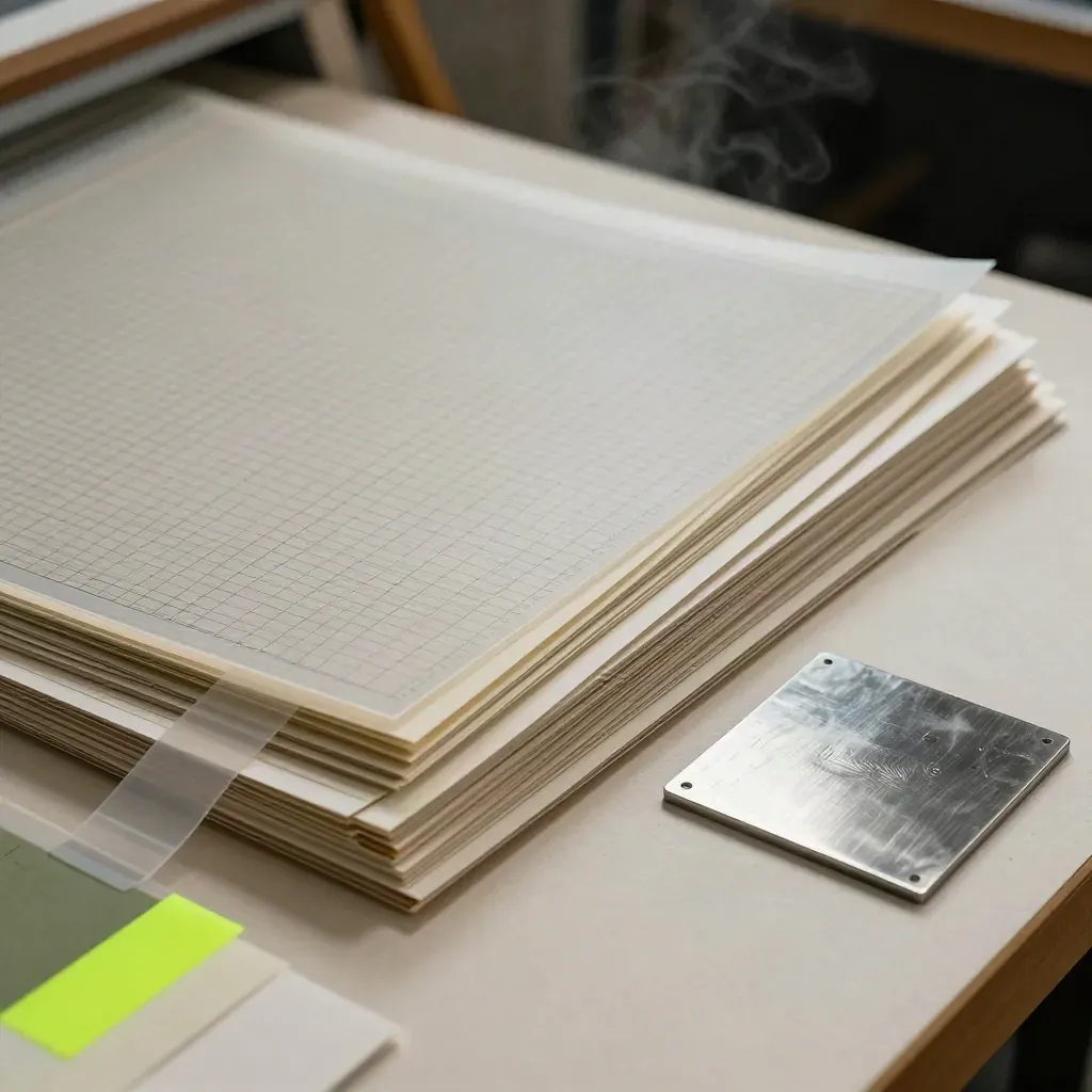 Grid sheets, paper stocks, lime tabs and a steel square on a bindery bench