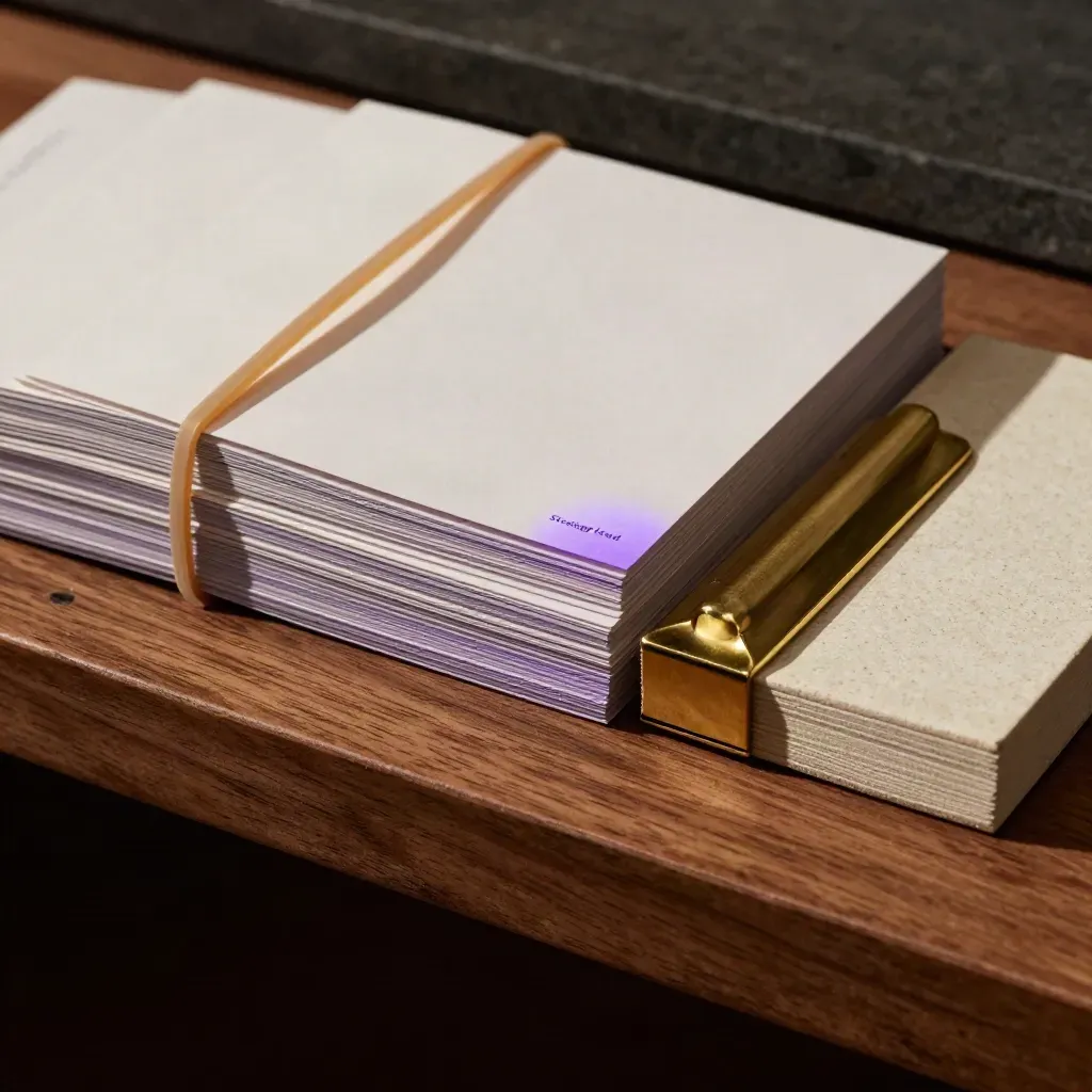 Stone-paper folio with fanned planning cards, rubber band, and brass clip on a walnut shelf.