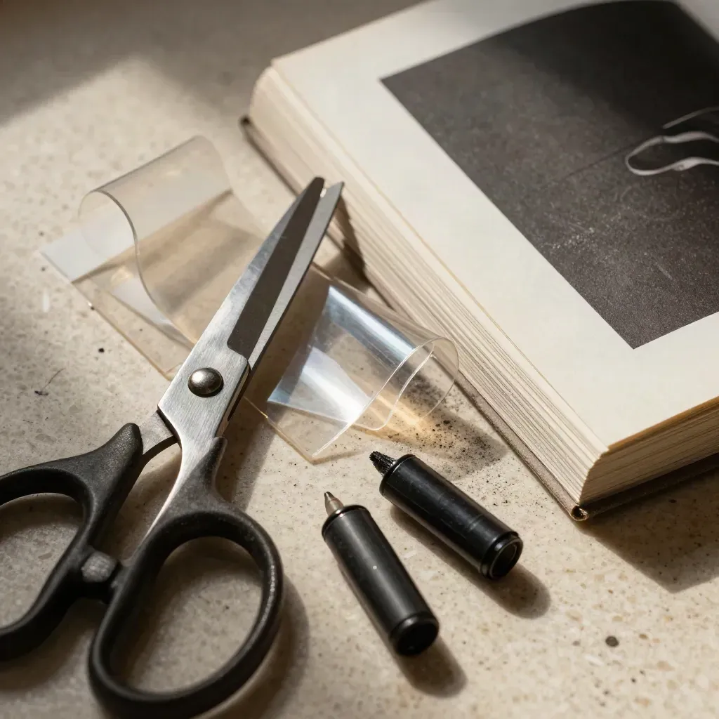 Macro still life of scissors, acetate overlays, marker caps, and a mockup book on travertine.