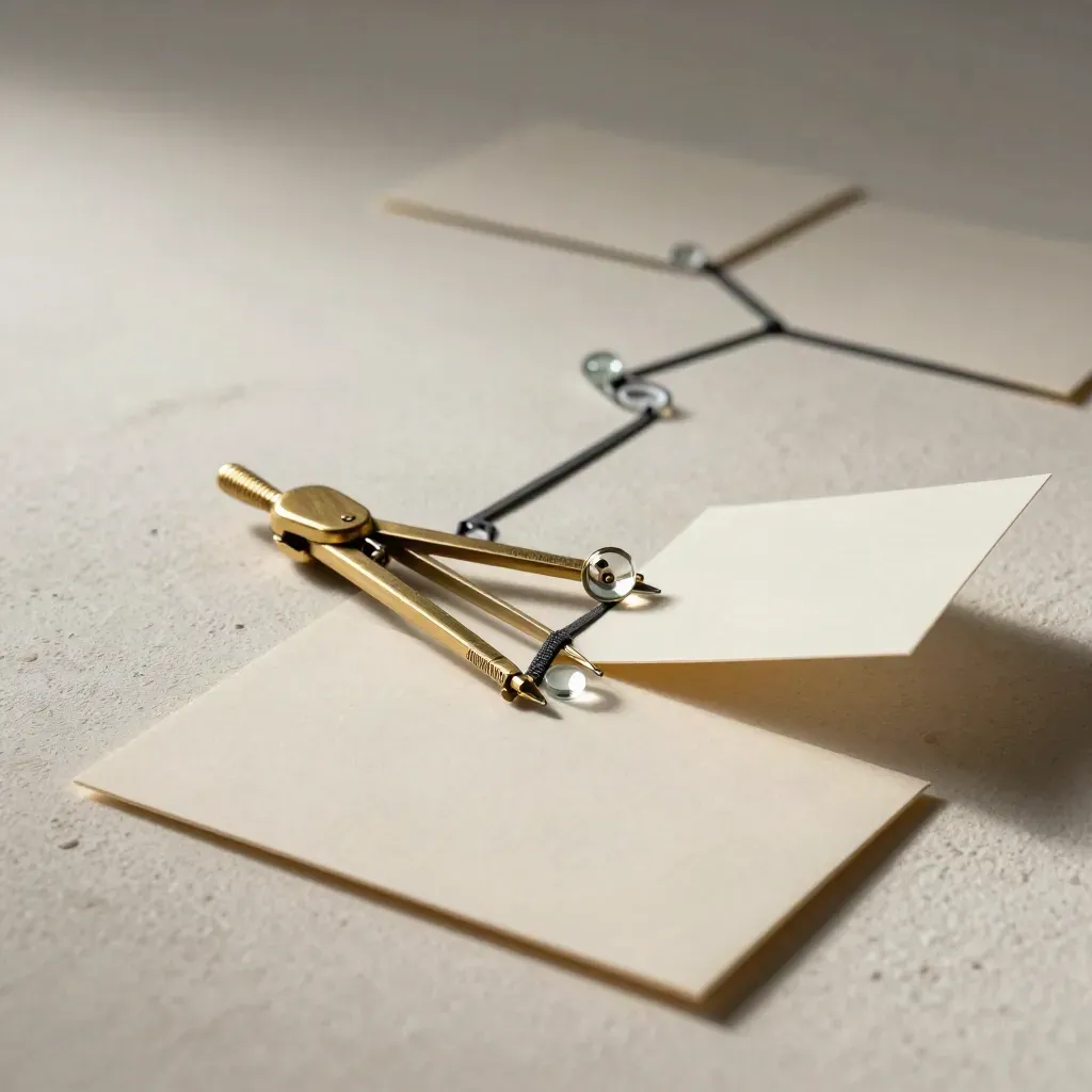 Brass compass, glass weights, elastic bands and blank cards on a pale plaster sweep.