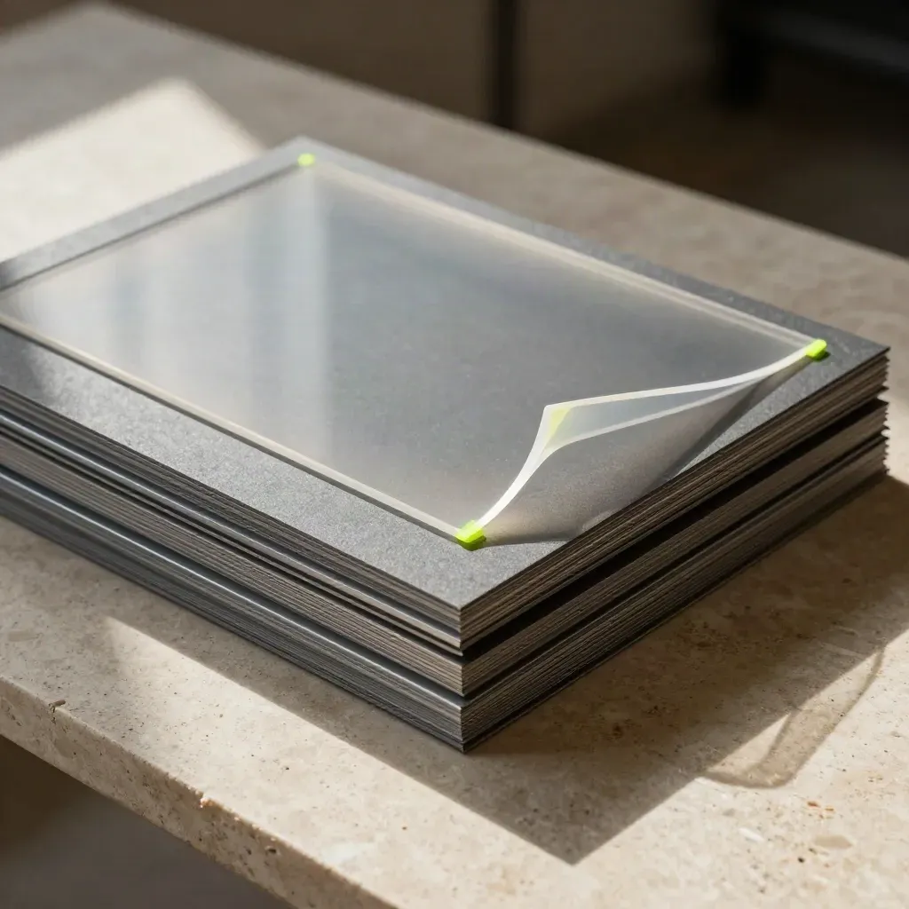 Layered mockup boards, metal guides, and a lifted acetate proof on pale stone with neon-lime detail.