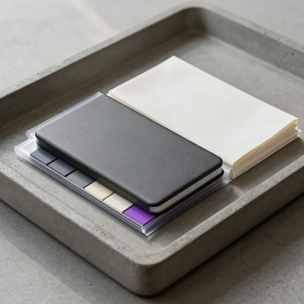 Handoff kit on a concrete tray: hard case, sealed sleeves, color strips, and cloth