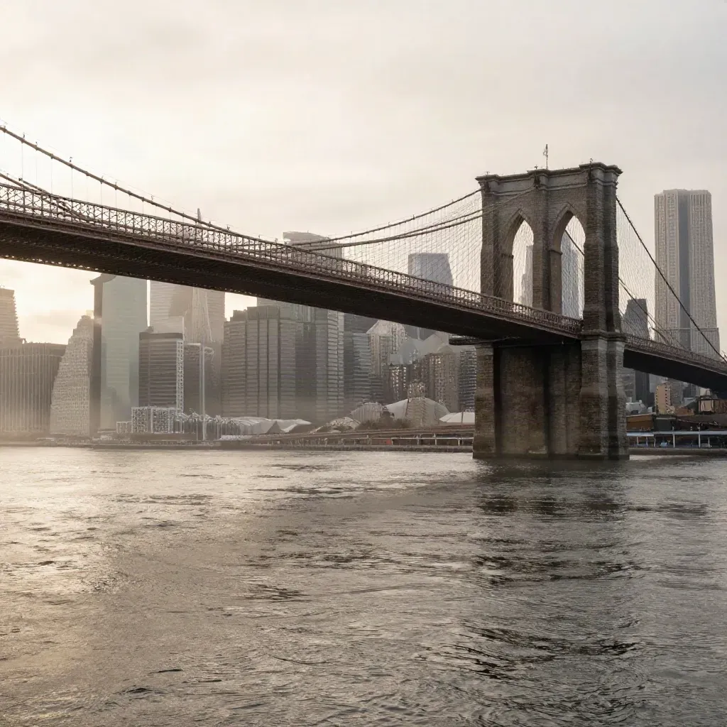 Brooklyn Bridge and Manhattan skyline in dawn haze over the East River, calm water below