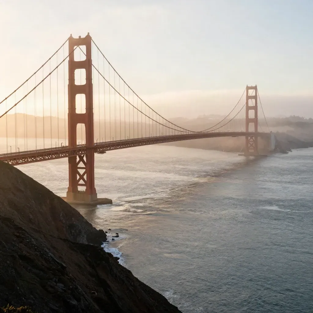 Golden Gate Bridge above fog at sunset with calm open water below