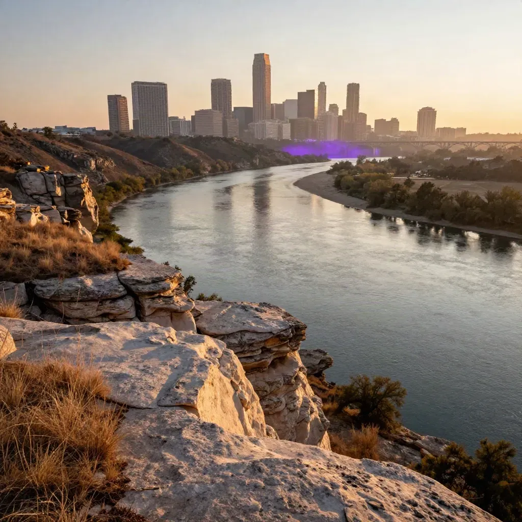 Austin skyline above a limestone river bend in warm haze at sunset