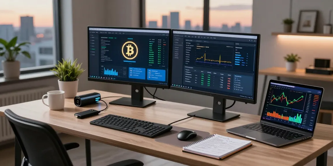 Automated bitcoin mining workspace showcasing dual monitors with cryptocurrency software and hardware wallet in a modern home office
