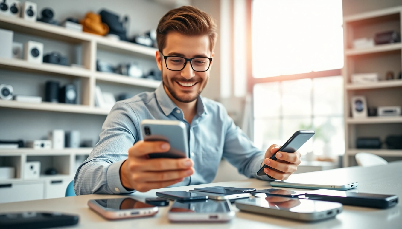 Engaging phone buyer Little Rock AR evaluating smartphones in a modern office.