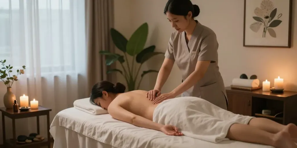 Experience a 동대문출장마사지 in a tranquil massage therapy room with calming decor.