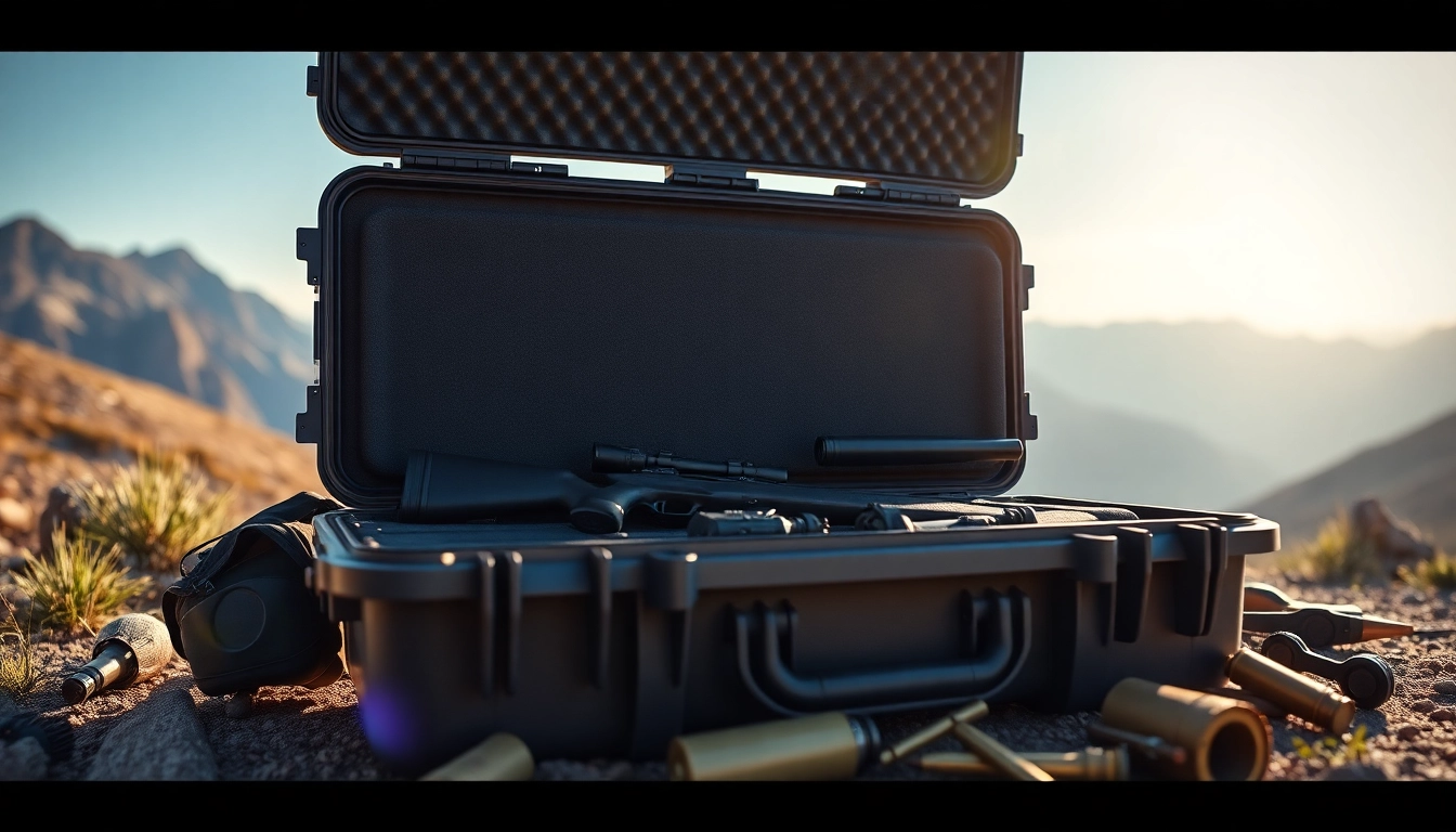 Pelican rifle case arranged outdoors, highlighting its sturdy build and features for gun storage.