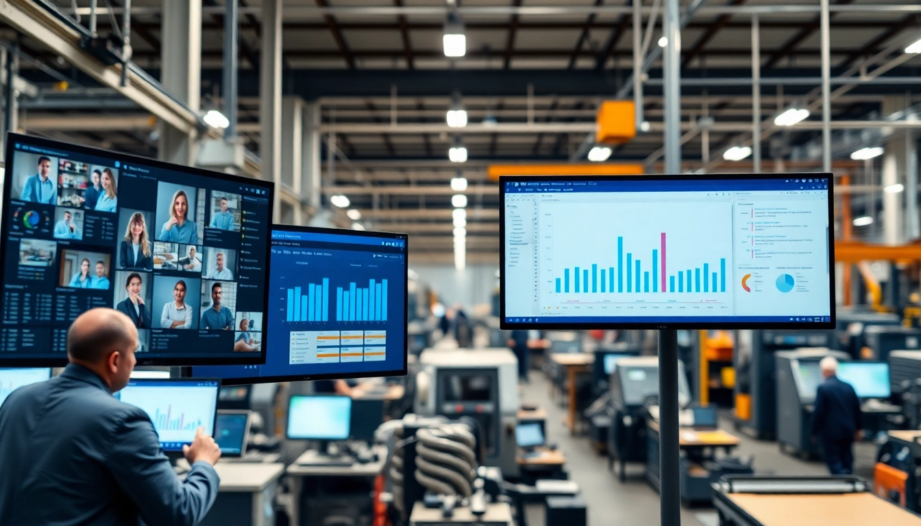 Engaged team utilizing production planning software for manufacturing in a thriving factory setting.