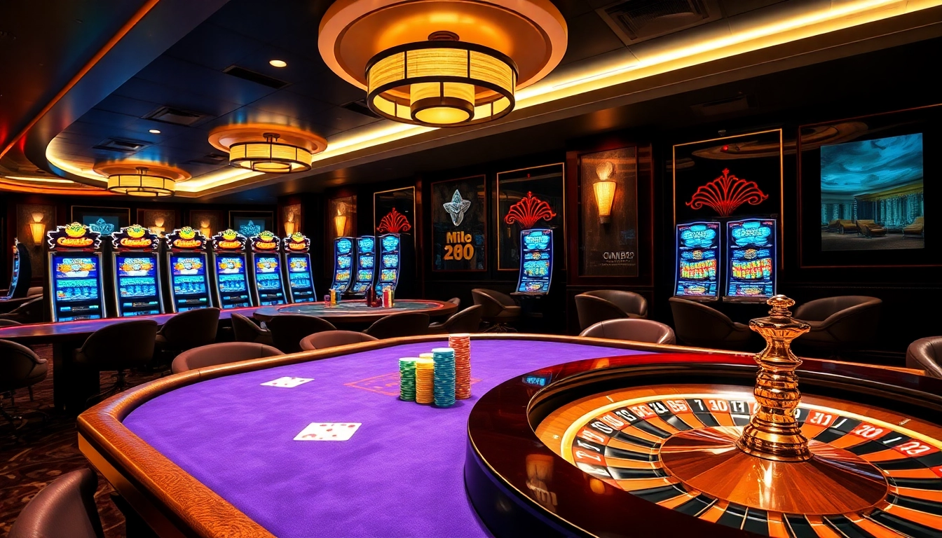 Players engaging in thrilling games at MM88 casino, featuring vibrant tables and slot machines.