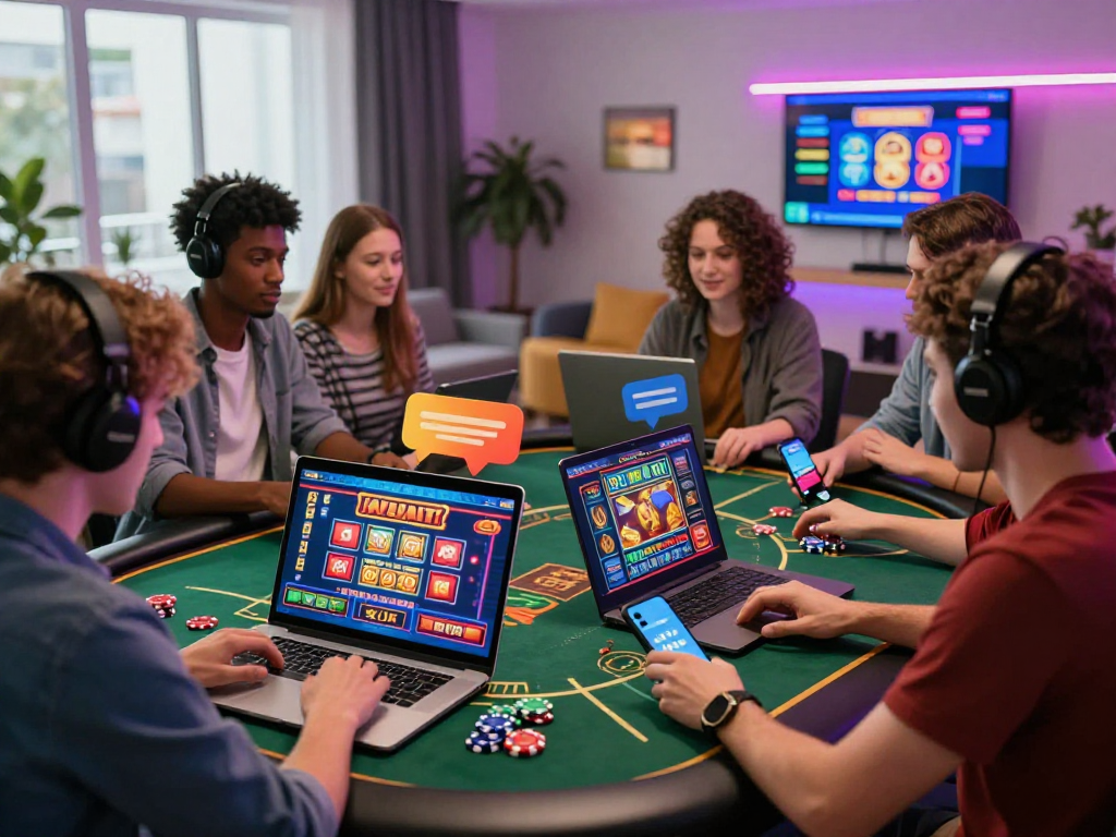 Engaged group playing rokok88 alternatif online games in modern digital casino atmosphere.