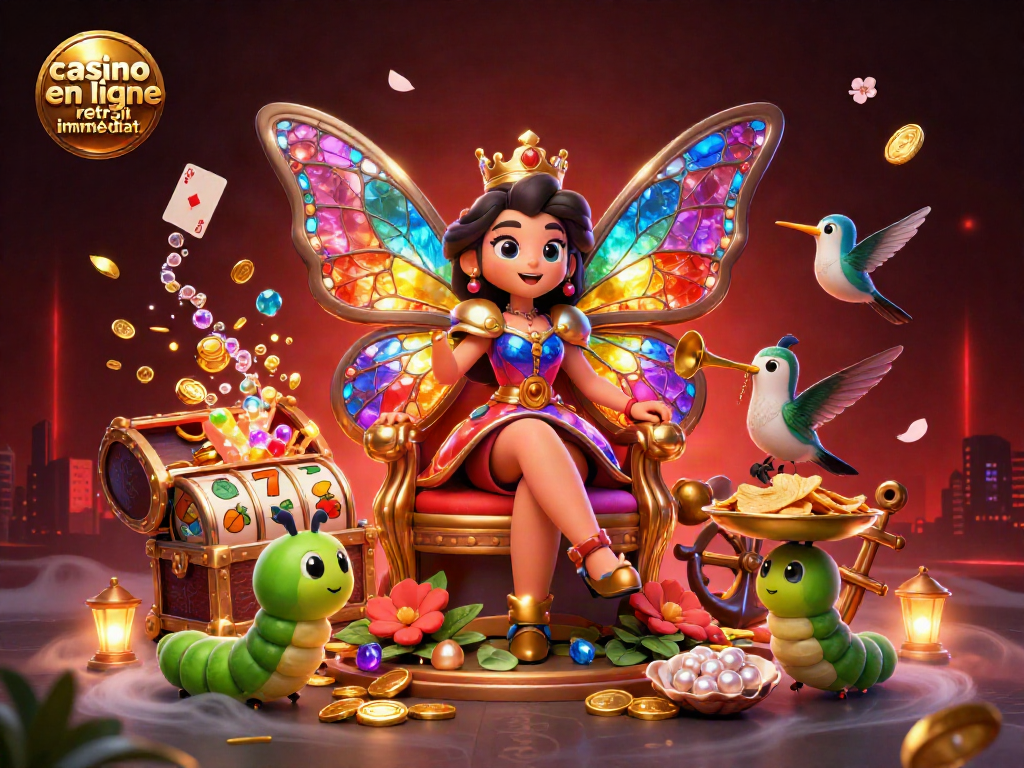 Casino en ligne retrait immédiat : Illustration dynamique de jeux de casino avec personnages colorés et éléments de jeu.