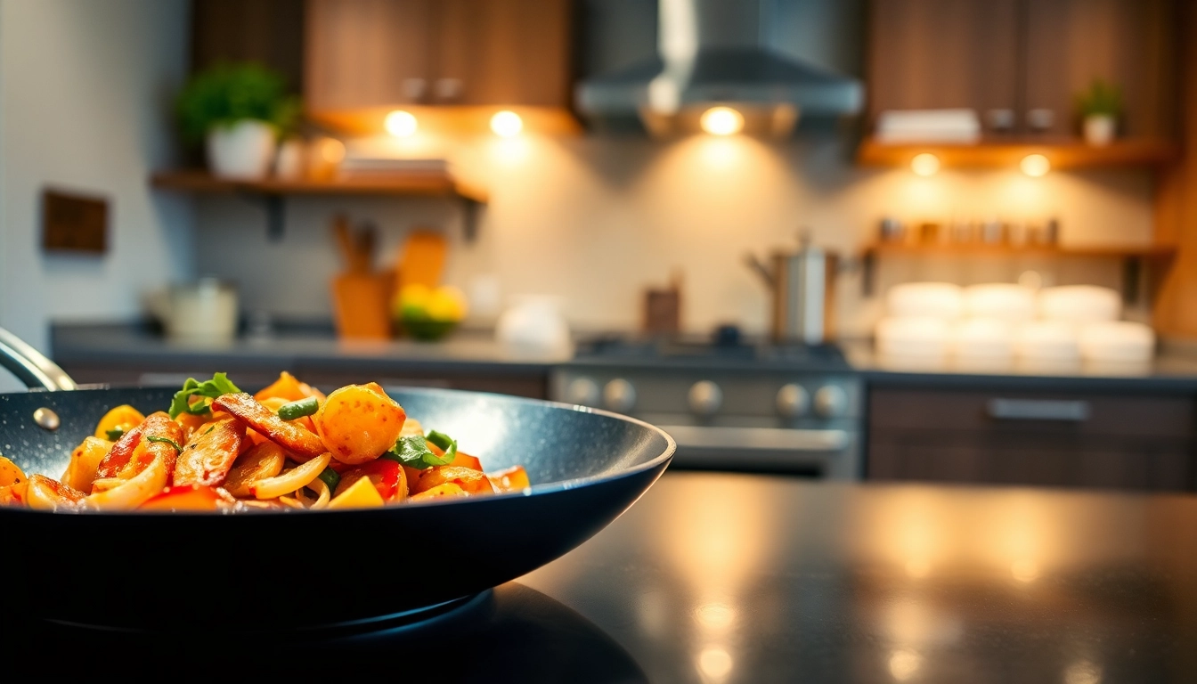 Cooking with a nonstick fry pan NZ in a modern kitchen, showcasing vibrant sautéed vegetables.