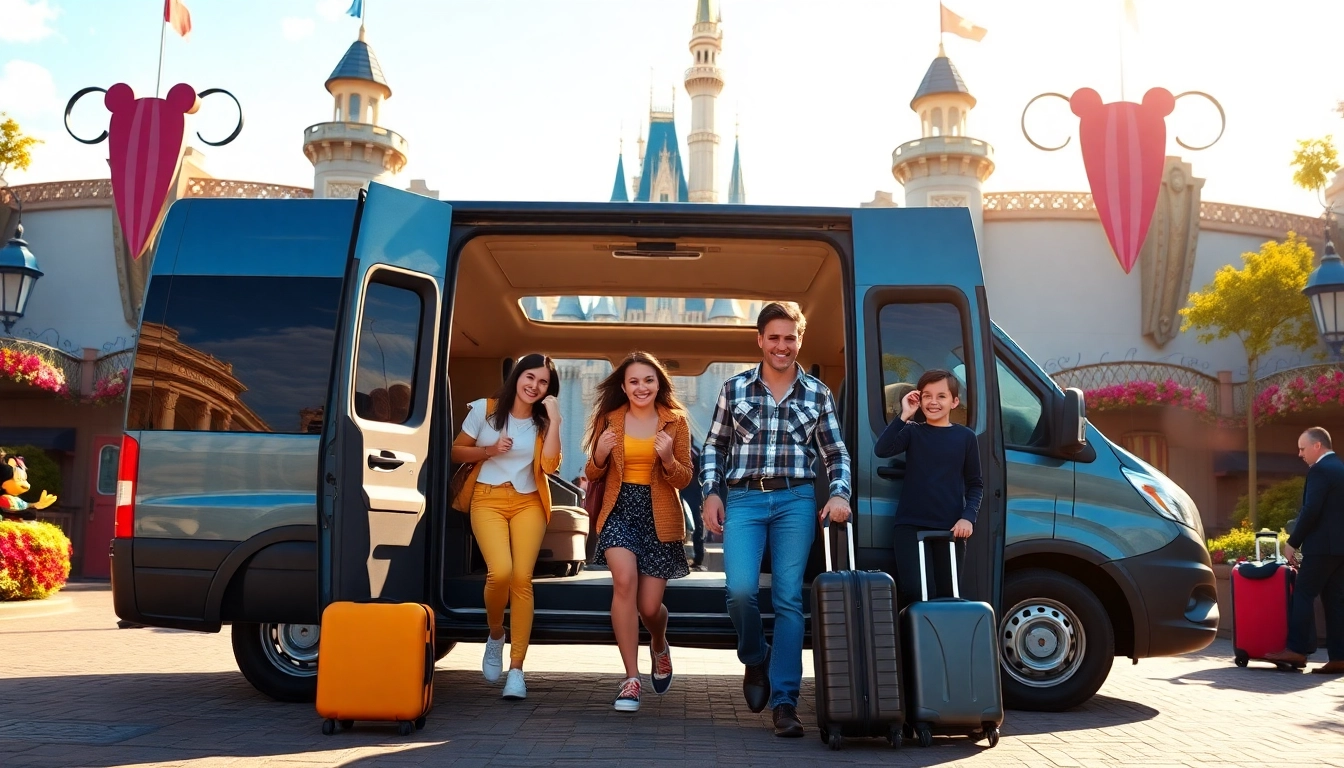 Experience Disneyland Paris airport transfer services with a joyful family arriving at the magical destination.