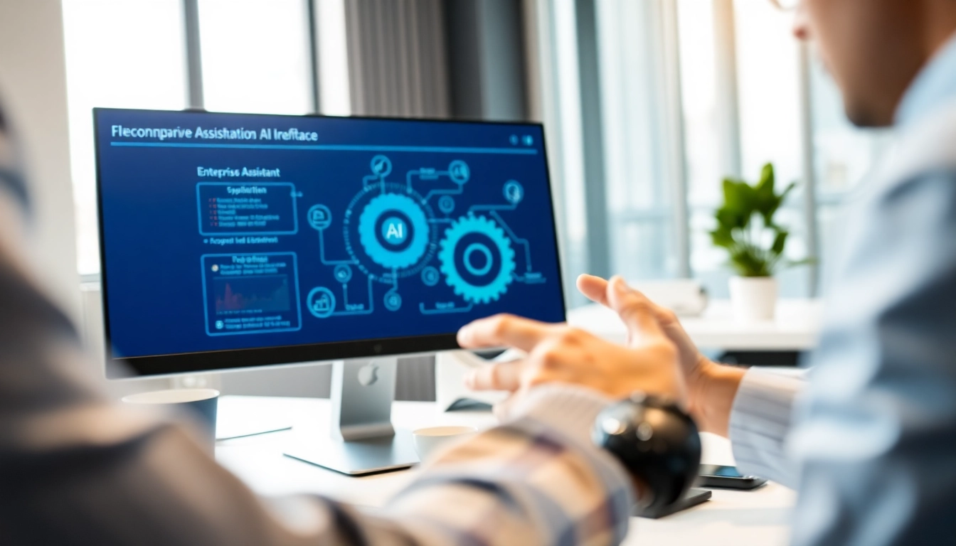 Engage with the enterprise assistant in a modern office setting showcasing professionalism and technology