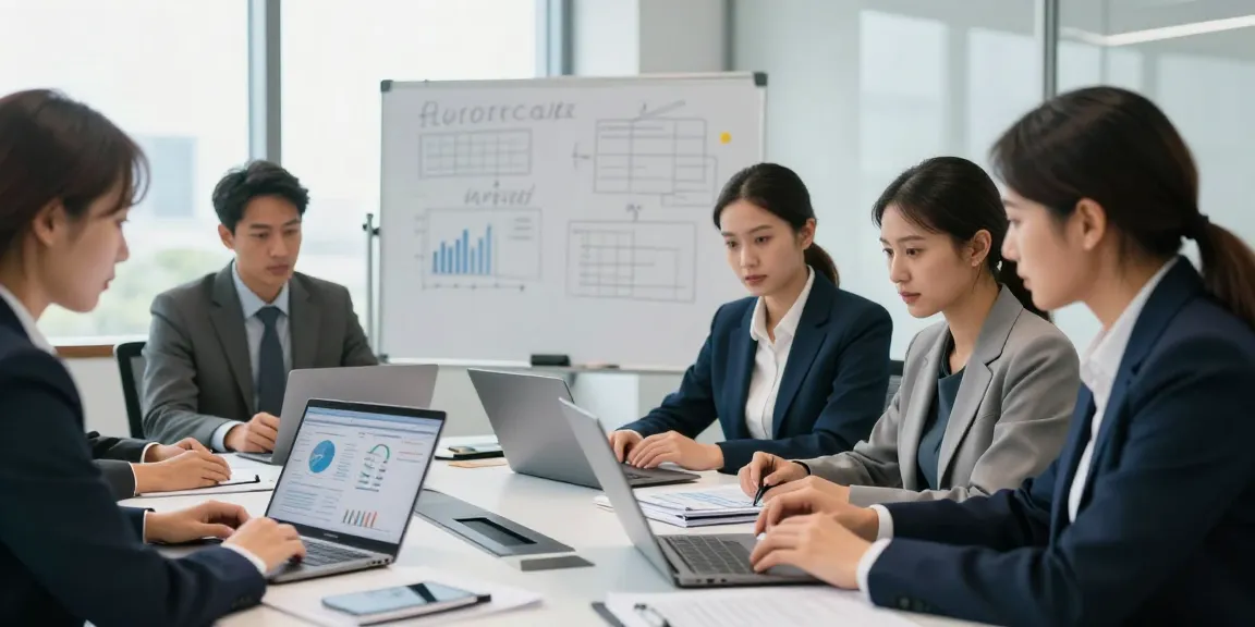 Tim audit forensik profesional di aafikotabekasi.org berdiskusi laporan keuangan di ruang kantor modern.