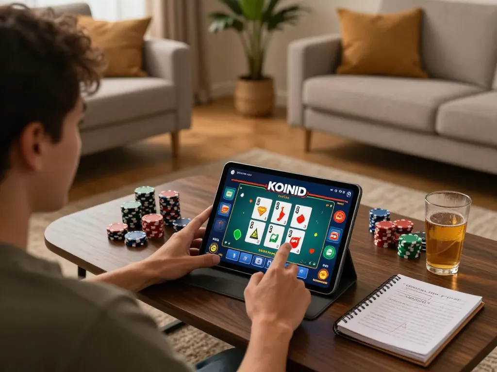 KOINID user engaging in seamless online card gaming with tablet in cozy home setting