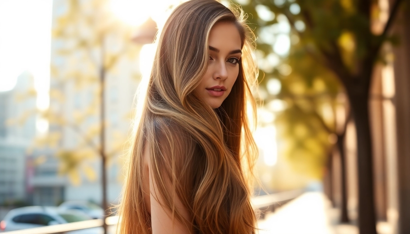 Model demonstrating invisi edge clip in hair extensions with a seamless blend in natural sunlight.