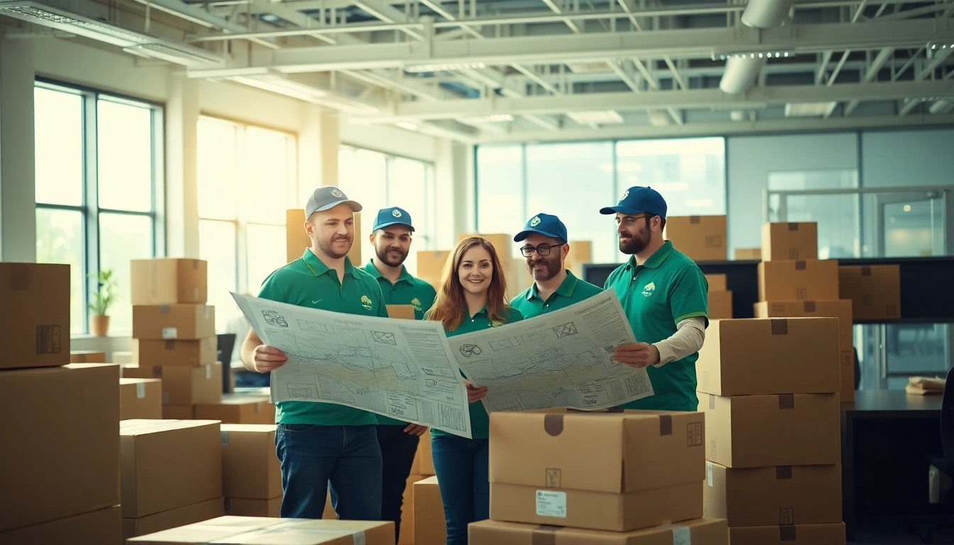 Local commercial moving companies coordinating logistics in a busy office setting.