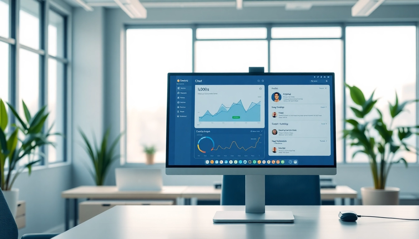 Showcase of an enterprise assistant interface in a modern office setting highlighting its features.