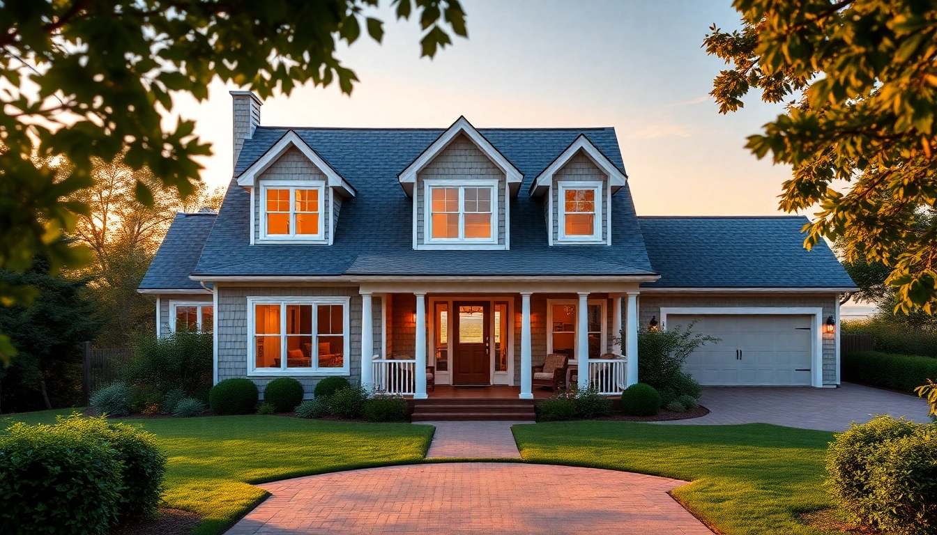 Visually stunning cape cod home showcasing an attached garage with a welcoming entryway.