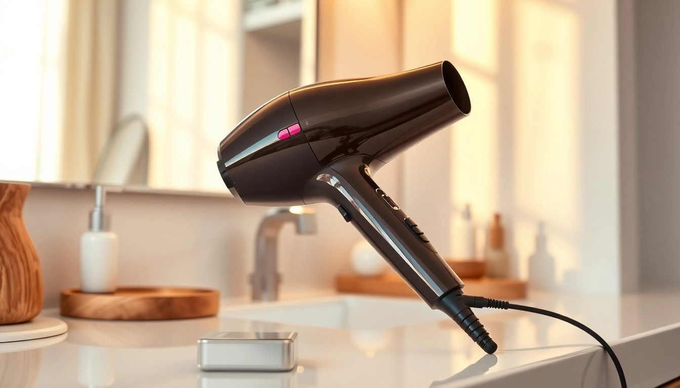 Ionic hair dryer displayed elegantly on a bathroom counter, showcasing its sleek design and modern features.