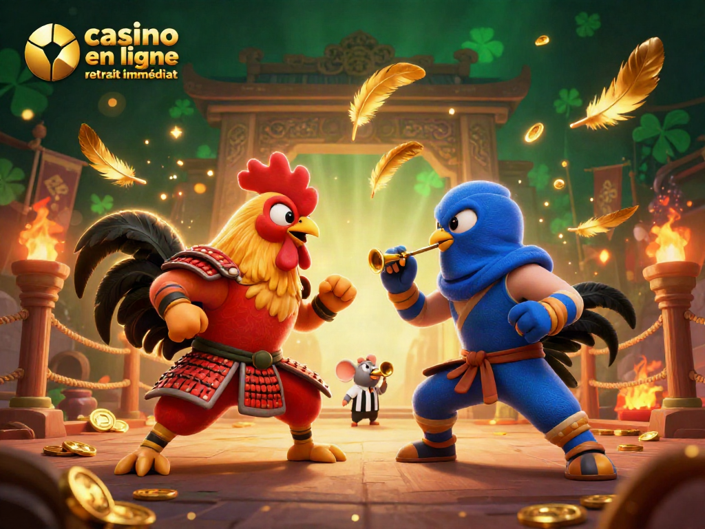 Engagez-vous avec le casino en ligne retrait immédiat dans une animation palpitante de coqs combattants.